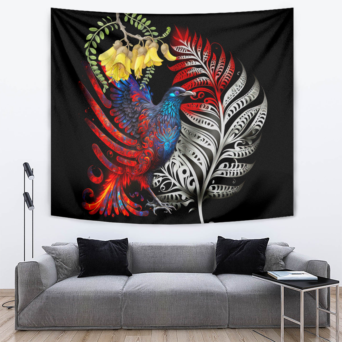 New Zealand Kohwhai Tui Bird Tapestry Silver Fern Version LT03 Black - Polynesian Pride