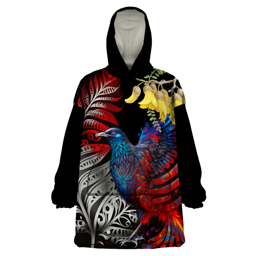 New Zealand Kohwhai Tui Bird Wearable Blanket Hoodie Silver Fern Version LT03 One Size Black - Polynesian Pride