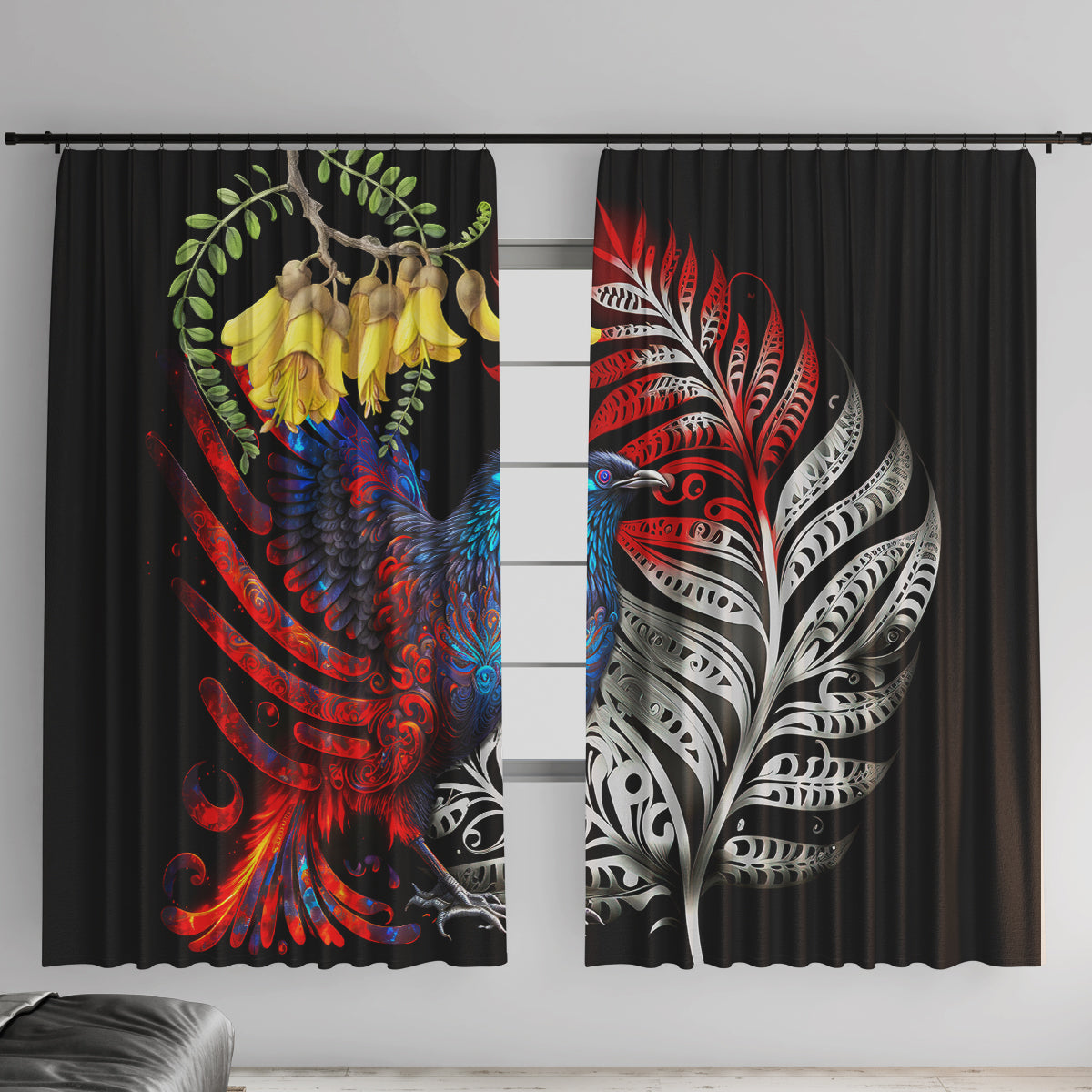 New Zealand Kohwhai Tui Bird Window Curtain Silver Fern Version LT03 With Hooks Black - Polynesian Pride