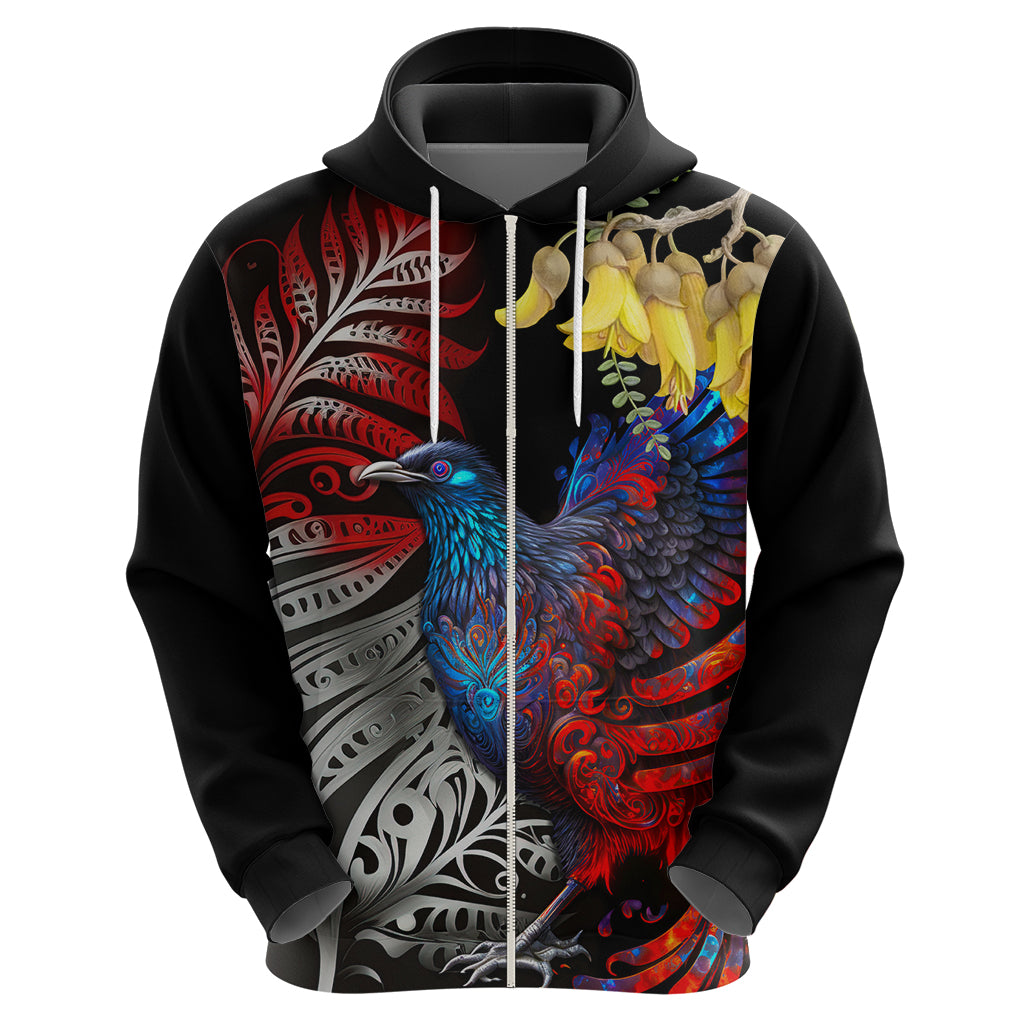 New Zealand Kohwhai Tui Bird Zip Hoodie Silver Fern Version LT03 - Polynesian Pride