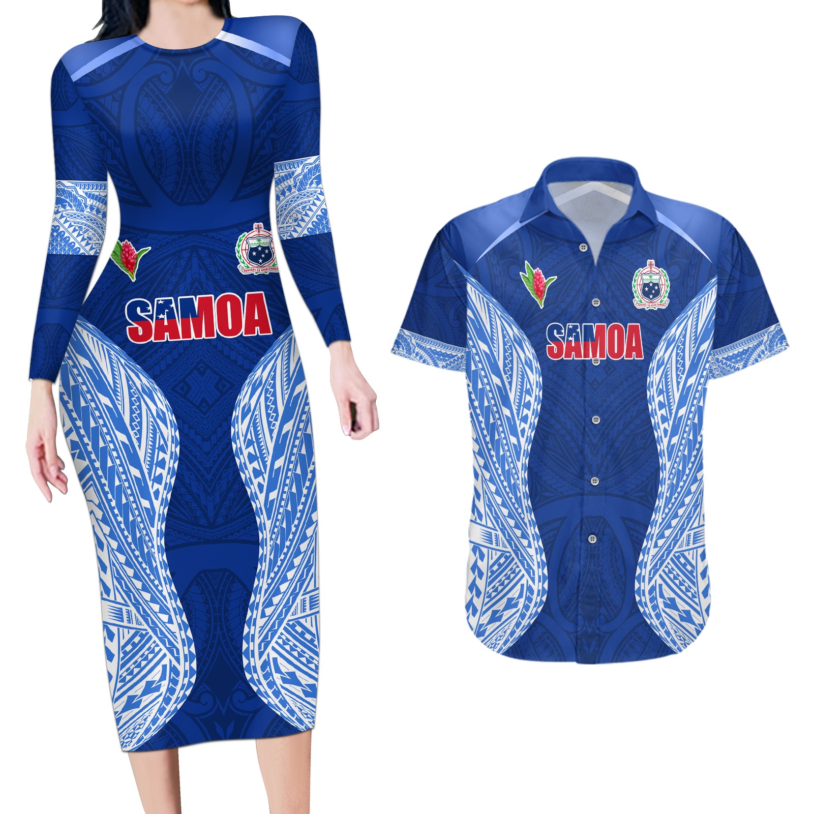 Custom Manu Samoa Rugby Couples Matching Long Sleeve Bodycon Dress and Hawaiian Shirt Polynesian Tattoo LT03