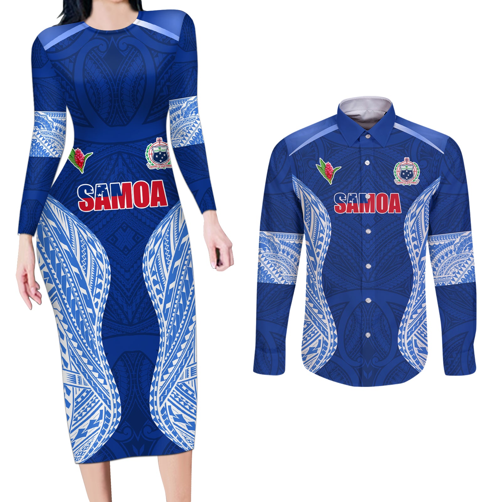 Custom Manu Samoa Rugby Couples Matching Long Sleeve Bodycon Dress and Long Sleeve Button Shirt Polynesian Tattoo LT03