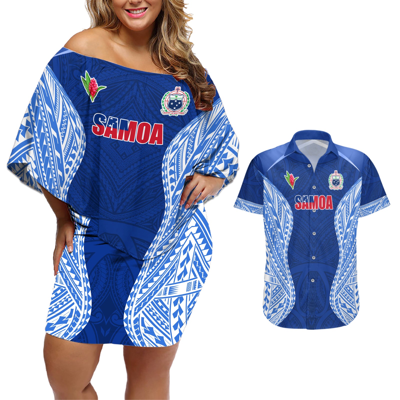 Custom Manu Samoa Rugby Couples Matching Off Shoulder Short Dress and Hawaiian Shirt Polynesian Tattoo LT03