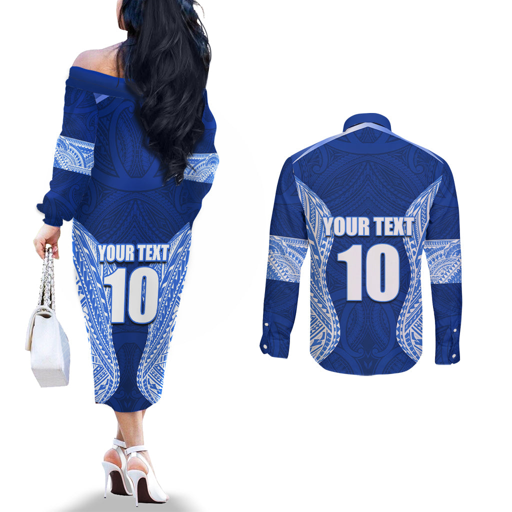 Custom Manu Samoa Rugby Couples Matching Off The Shoulder Long Sleeve Dress and Long Sleeve Button Shirt Polynesian Tattoo LT03