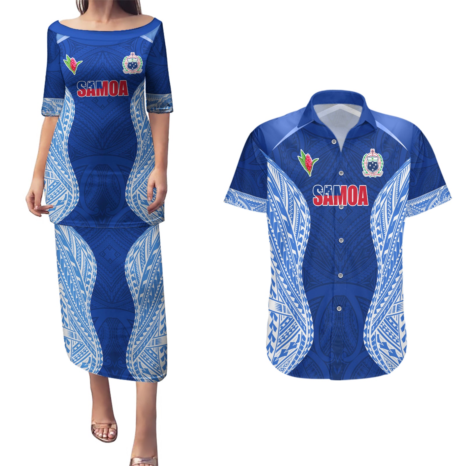 Custom Manu Samoa Rugby Couples Matching Puletasi and Hawaiian Shirt Polynesian Tattoo LT03