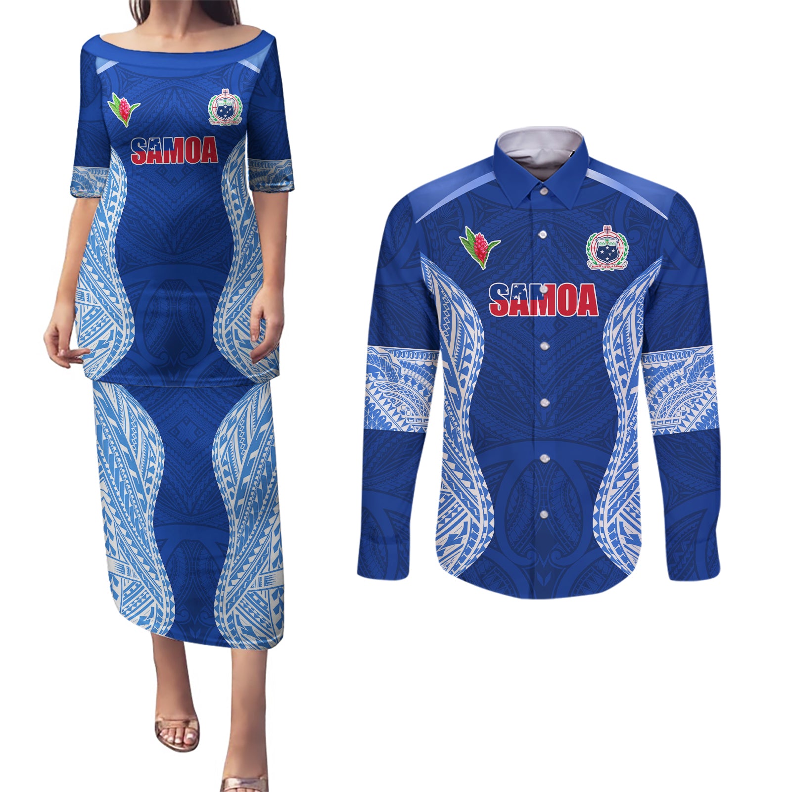 Custom Manu Samoa Rugby Couples Matching Puletasi and Long Sleeve Button Shirt Polynesian Tattoo LT03