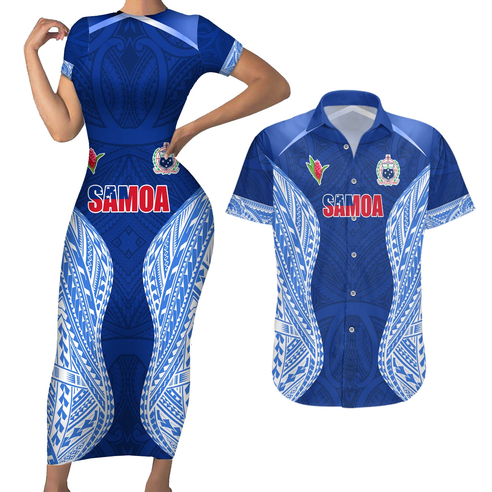 Custom Manu Samoa Rugby Couples Matching Short Sleeve Bodycon Dress and Hawaiian Shirt Polynesian Tattoo LT03