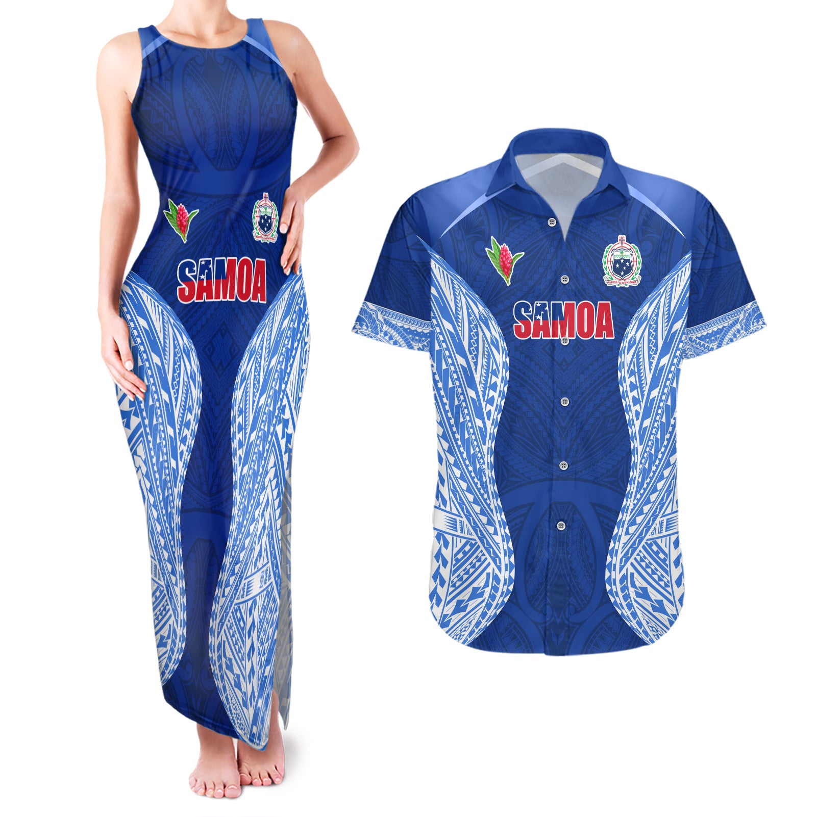 Custom Manu Samoa Rugby Couples Matching Tank Maxi Dress and Hawaiian Shirt Polynesian Tattoo LT03