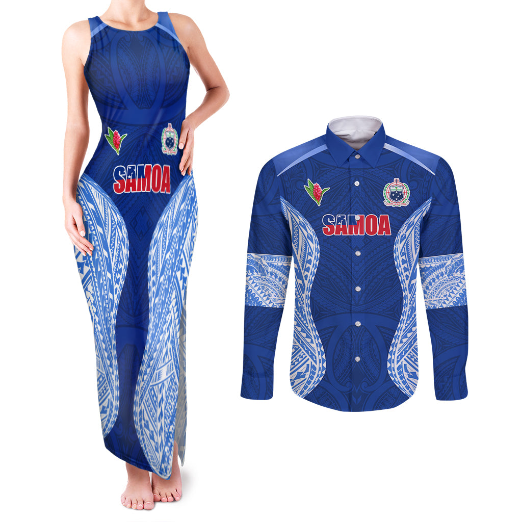 Custom Manu Samoa Rugby Couples Matching Tank Maxi Dress and Long Sleeve Button Shirt Polynesian Tattoo LT03