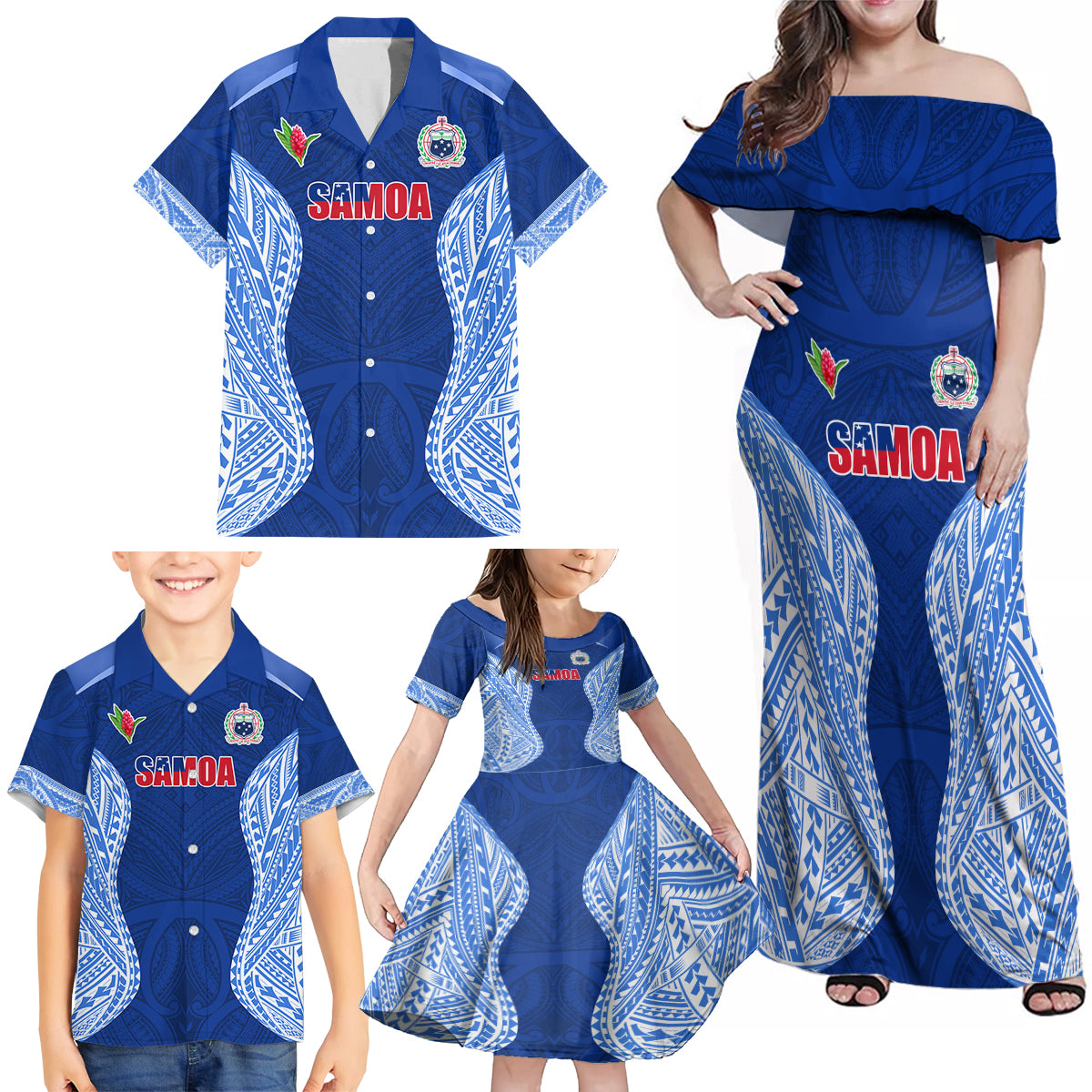 Custom Manu Samoa Rugby Family Matching Off Shoulder Maxi Dress and Hawaiian Shirt Polynesian Tattoo LT03