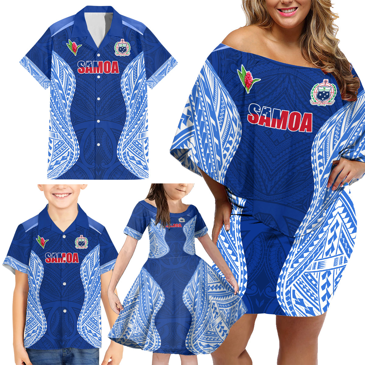 Custom Manu Samoa Rugby Family Matching Off Shoulder Short Dress and Hawaiian Shirt Polynesian Tattoo LT03