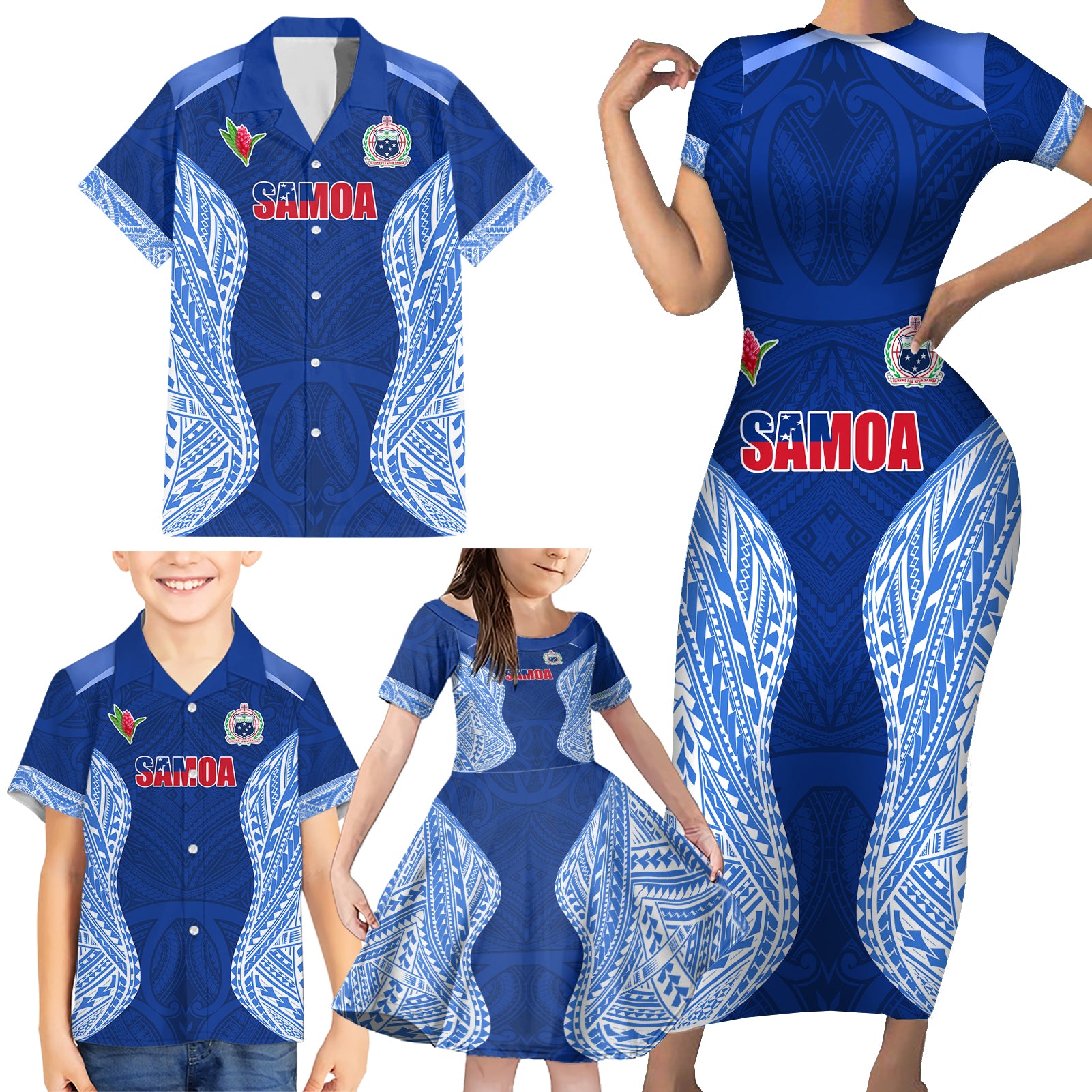 Custom Manu Samoa Rugby Family Matching Short Sleeve Bodycon Dress and Hawaiian Shirt Polynesian Tattoo LT03