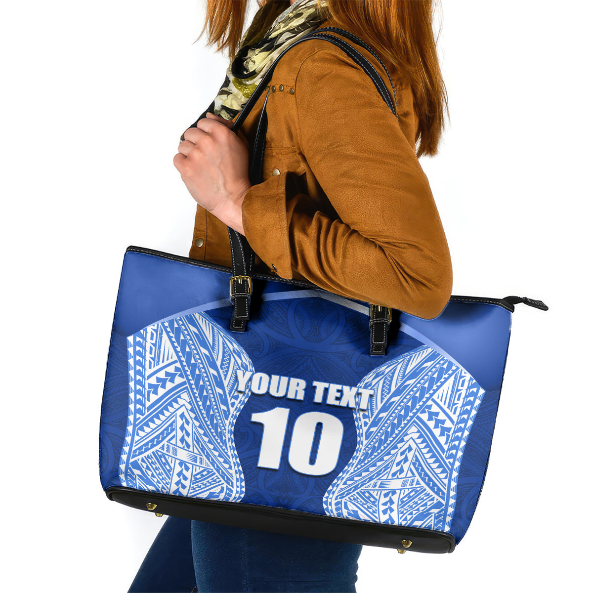 Custom Manu Samoa Rugby Leather Tote Bag Polynesian Tattoo LT03 Blue - Polynesian Pride