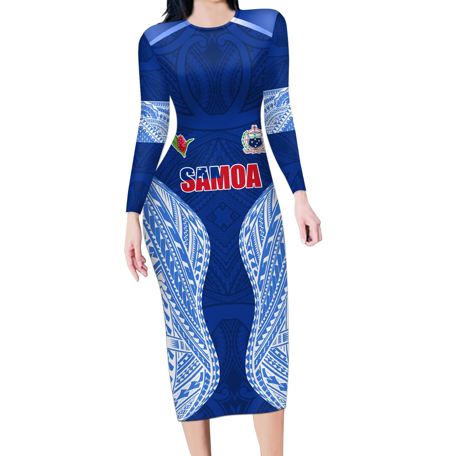 Custom Manu Samoa Rugby Long Sleeve Bodycon Dress Polynesian Tattoo LT03