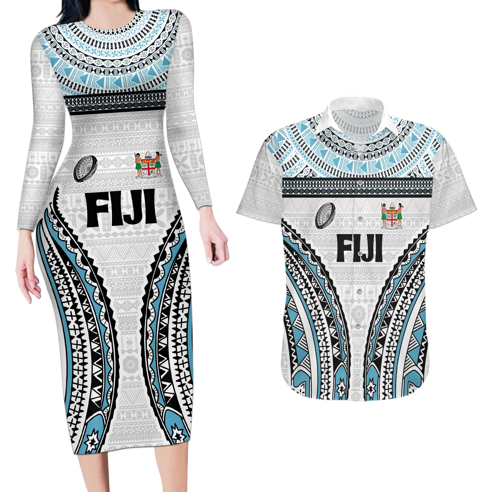 Custom Flying Fijians Rugby Couples Matching Long Sleeve Bodycon Dress and Hawaiian Shirt Tapa Tribal Cloth LT03 White - Polynesian Pride