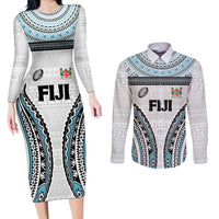 Custom Flying Fijians Rugby Couples Matching Long Sleeve Bodycon Dress and Long Sleeve Button Shirt Tapa Tribal Cloth LT03 White - Polynesian Pride
