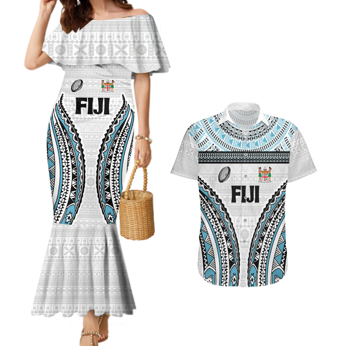 Custom Flying Fijians Rugby Couples Matching Mermaid Dress and Hawaiian Shirt Tapa Tribal Cloth LT03 White - Polynesian Pride