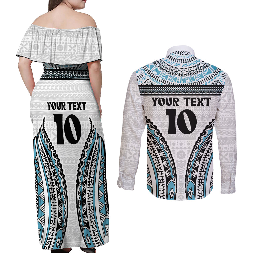 Custom Flying Fijians Rugby Couples Matching Off Shoulder Maxi Dress and Long Sleeve Button Shirt Tapa Tribal Cloth LT03 - Polynesian Pride