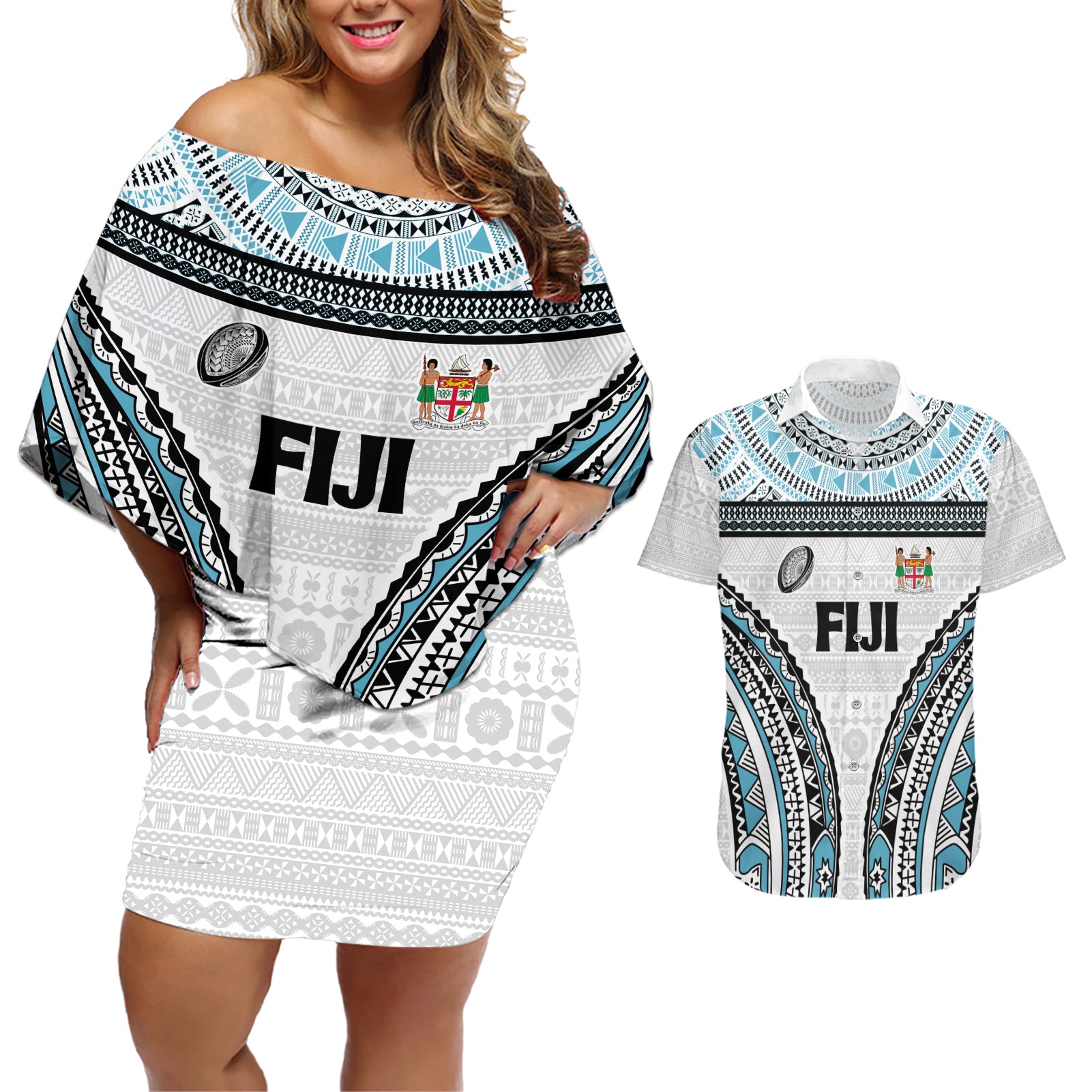 Custom Flying Fijians Rugby Couples Matching Off Shoulder Short Dress and Hawaiian Shirt Tapa Tribal Cloth LT03 White - Polynesian Pride