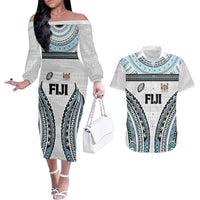 Custom Flying Fijians Rugby Couples Matching Off The Shoulder Long Sleeve Dress and Hawaiian Shirt Tapa Tribal Cloth LT03 White - Polynesian Pride