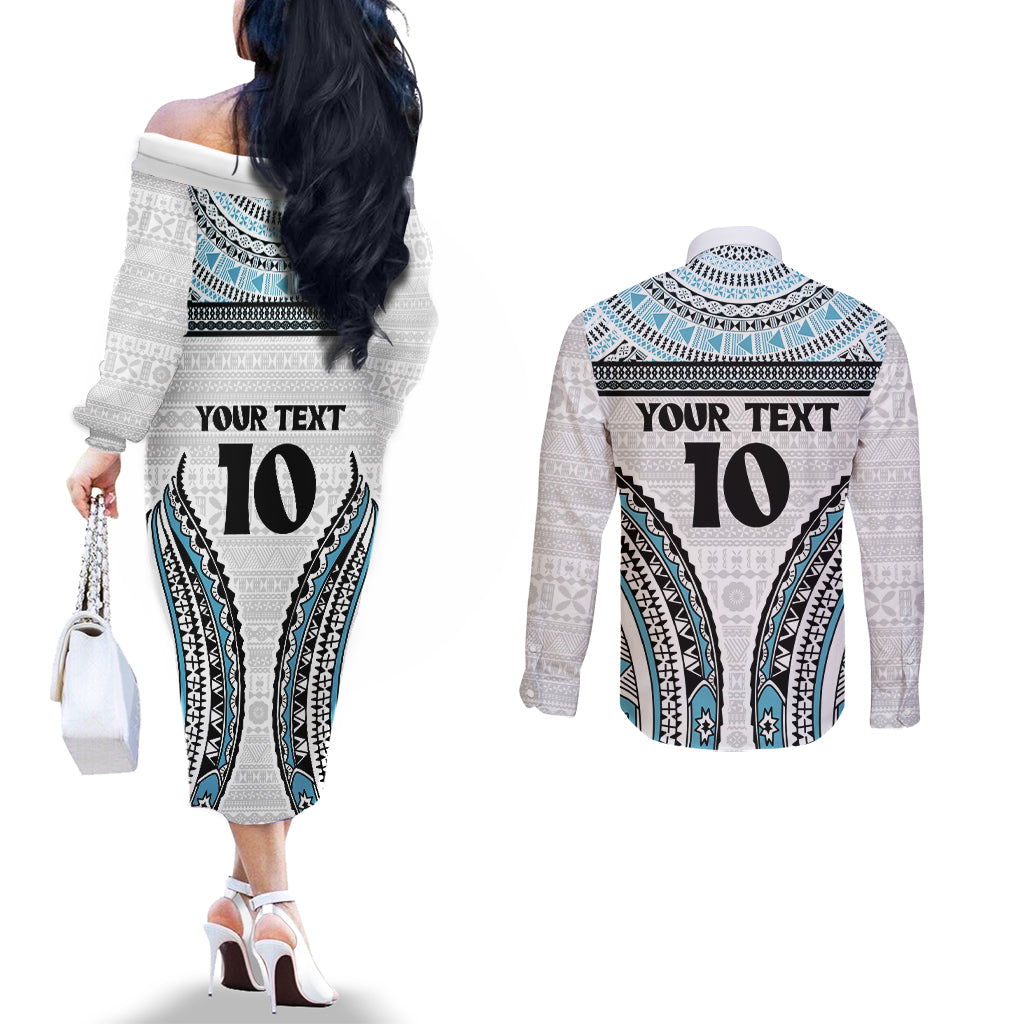 Custom Flying Fijians Rugby Couples Matching Off The Shoulder Long Sleeve Dress and Long Sleeve Button Shirt Tapa Tribal Cloth LT03 - Polynesian Pride
