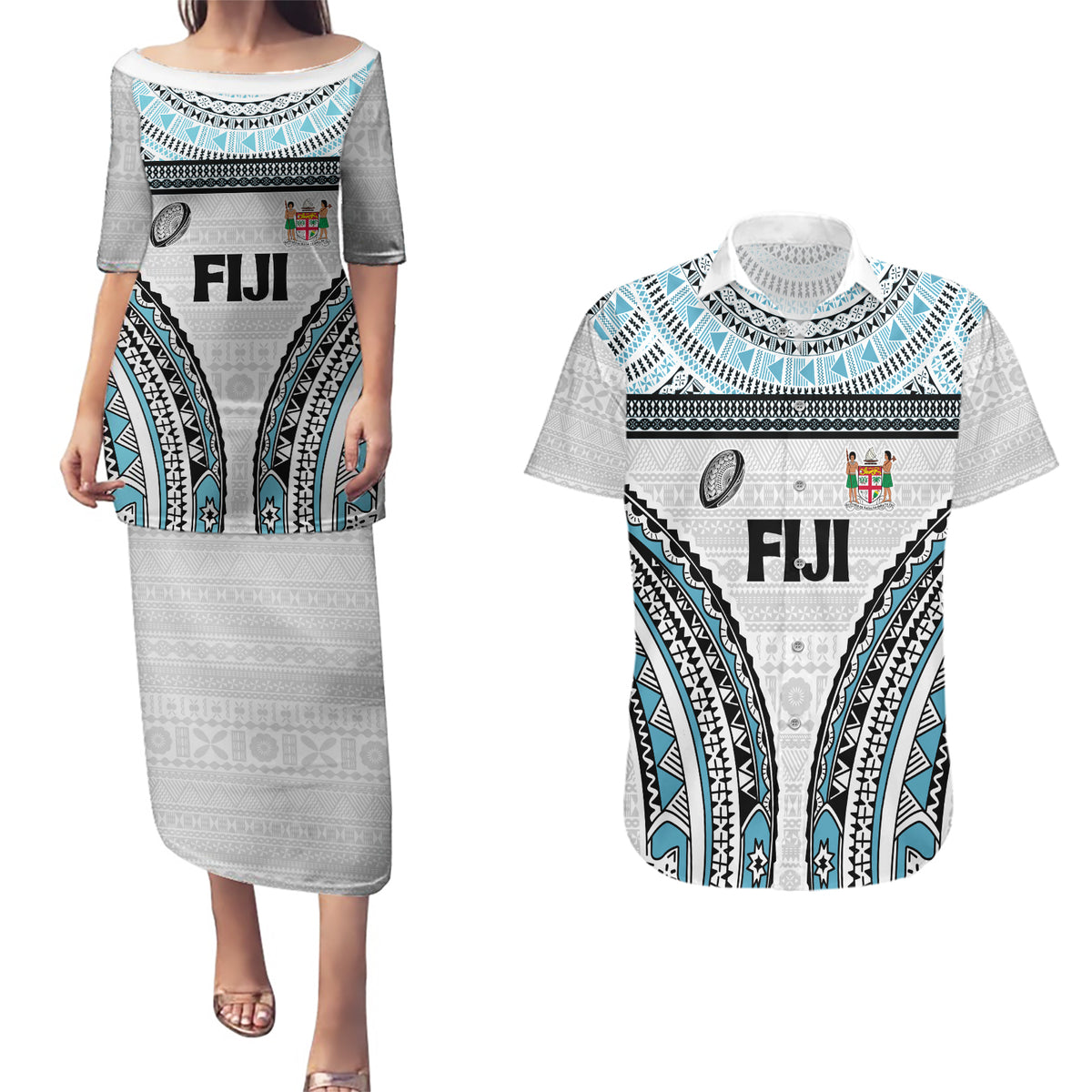 Custom Flying Fijians Rugby Couples Matching Puletasi and Hawaiian Shirt Tapa Tribal Cloth LT03 White - Polynesian Pride
