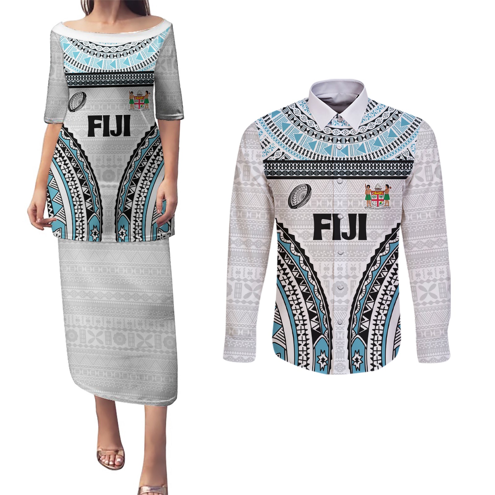Custom Flying Fijians Rugby Couples Matching Puletasi and Long Sleeve Button Shirt Tapa Tribal Cloth LT03 White - Polynesian Pride