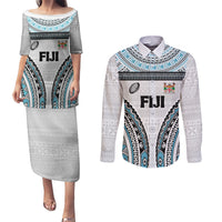 Custom Flying Fijians Rugby Couples Matching Puletasi and Long Sleeve Button Shirt Tapa Tribal Cloth LT03 White - Polynesian Pride