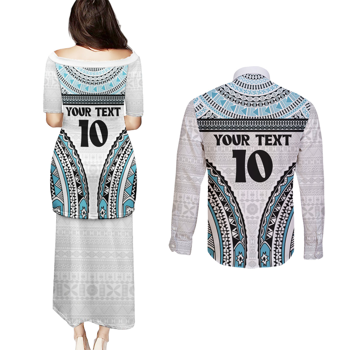 Custom Flying Fijians Rugby Couples Matching Puletasi and Long Sleeve Button Shirt Tapa Tribal Cloth LT03 - Polynesian Pride