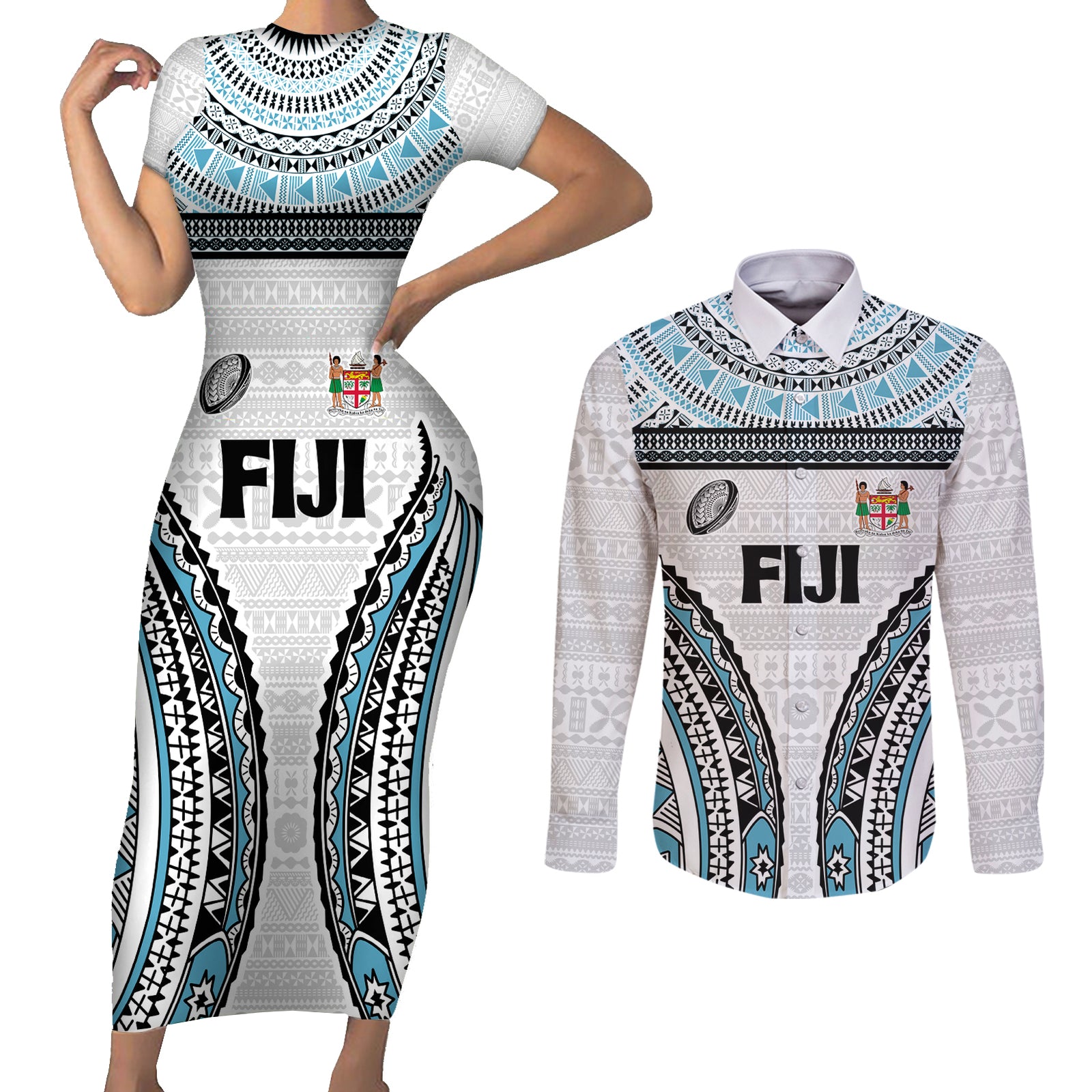 Custom Flying Fijians Rugby Couples Matching Short Sleeve Bodycon Dress and Long Sleeve Button Shirt Tapa Tribal Cloth LT03 White - Polynesian Pride