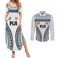Custom Flying Fijians Rugby Couples Matching Summer Maxi Dress and Long Sleeve Button Shirt Tapa Tribal Cloth LT03 White - Polynesian Pride