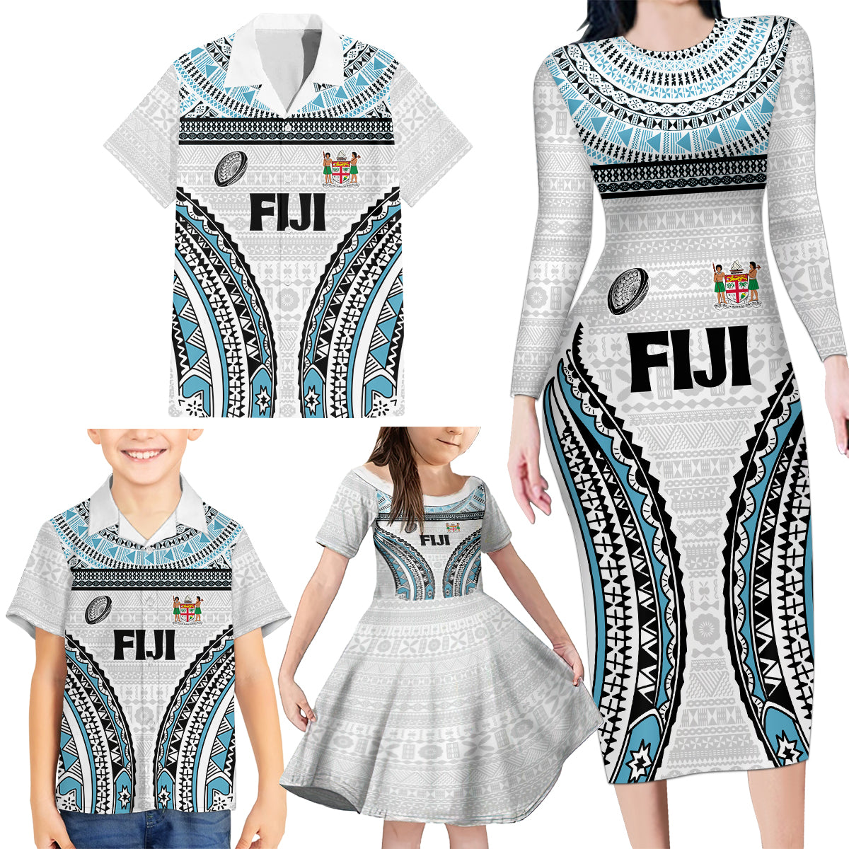 Custom Flying Fijians Rugby Family Matching Long Sleeve Bodycon Dress and Hawaiian Shirt Tapa Tribal Cloth LT03 - Polynesian Pride