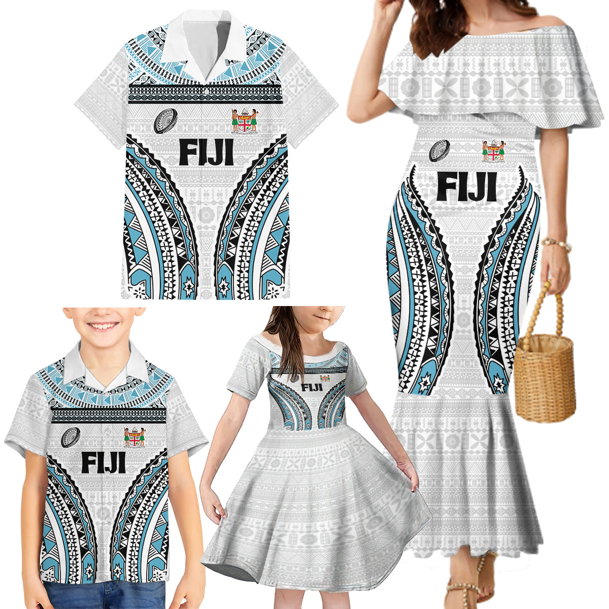 Custom Flying Fijians Rugby Family Matching Mermaid Dress and Hawaiian Shirt Tapa Tribal Cloth LT03 - Polynesian Pride