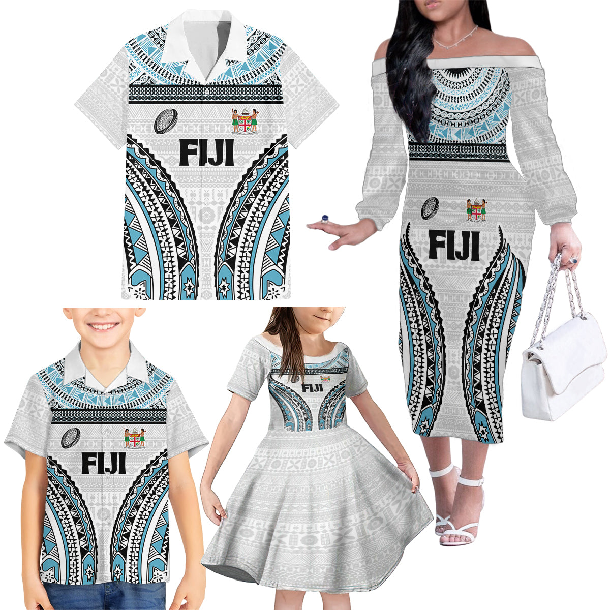 Custom Flying Fijians Rugby Family Matching Off The Shoulder Long Sleeve Dress and Hawaiian Shirt Tapa Tribal Cloth LT03 - Polynesian Pride