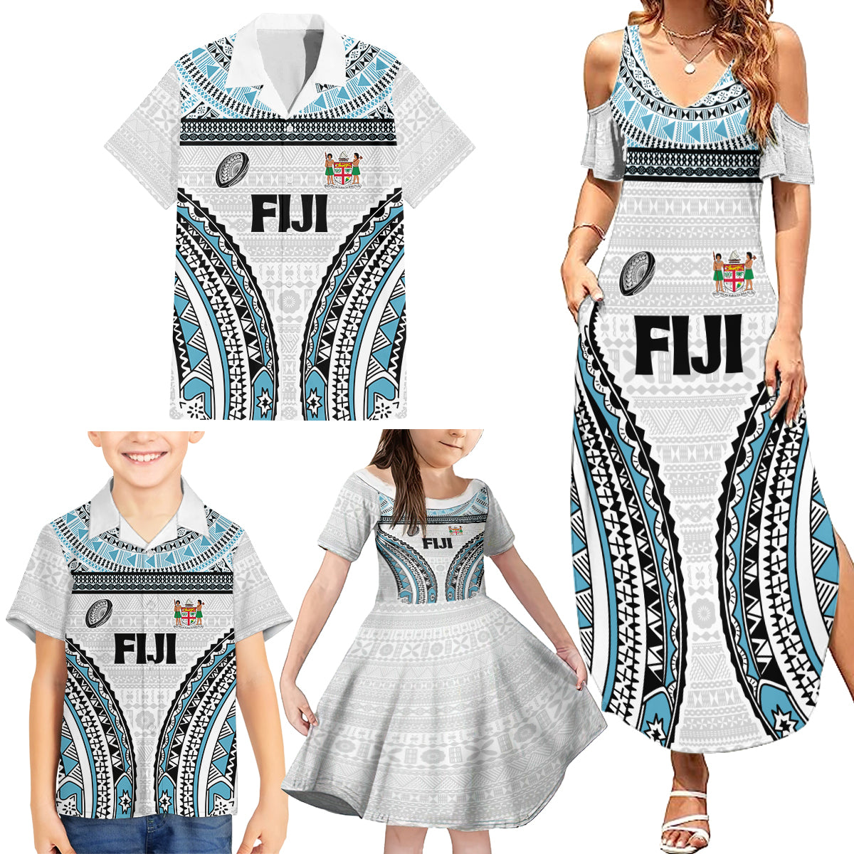 Custom Flying Fijians Rugby Family Matching Summer Maxi Dress and Hawaiian Shirt Tapa Tribal Cloth LT03 - Polynesian Pride