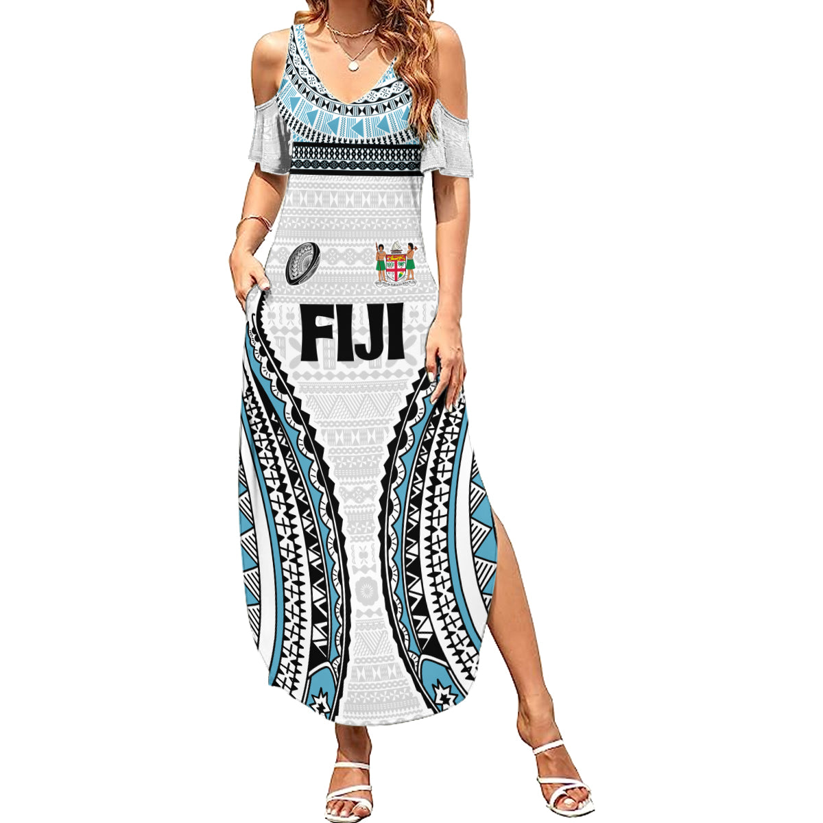 Custom Flying Fijians Rugby Family Matching Summer Maxi Dress and Hawaiian Shirt Tapa Tribal Cloth LT03 Mom's Dress White - Polynesian Pride