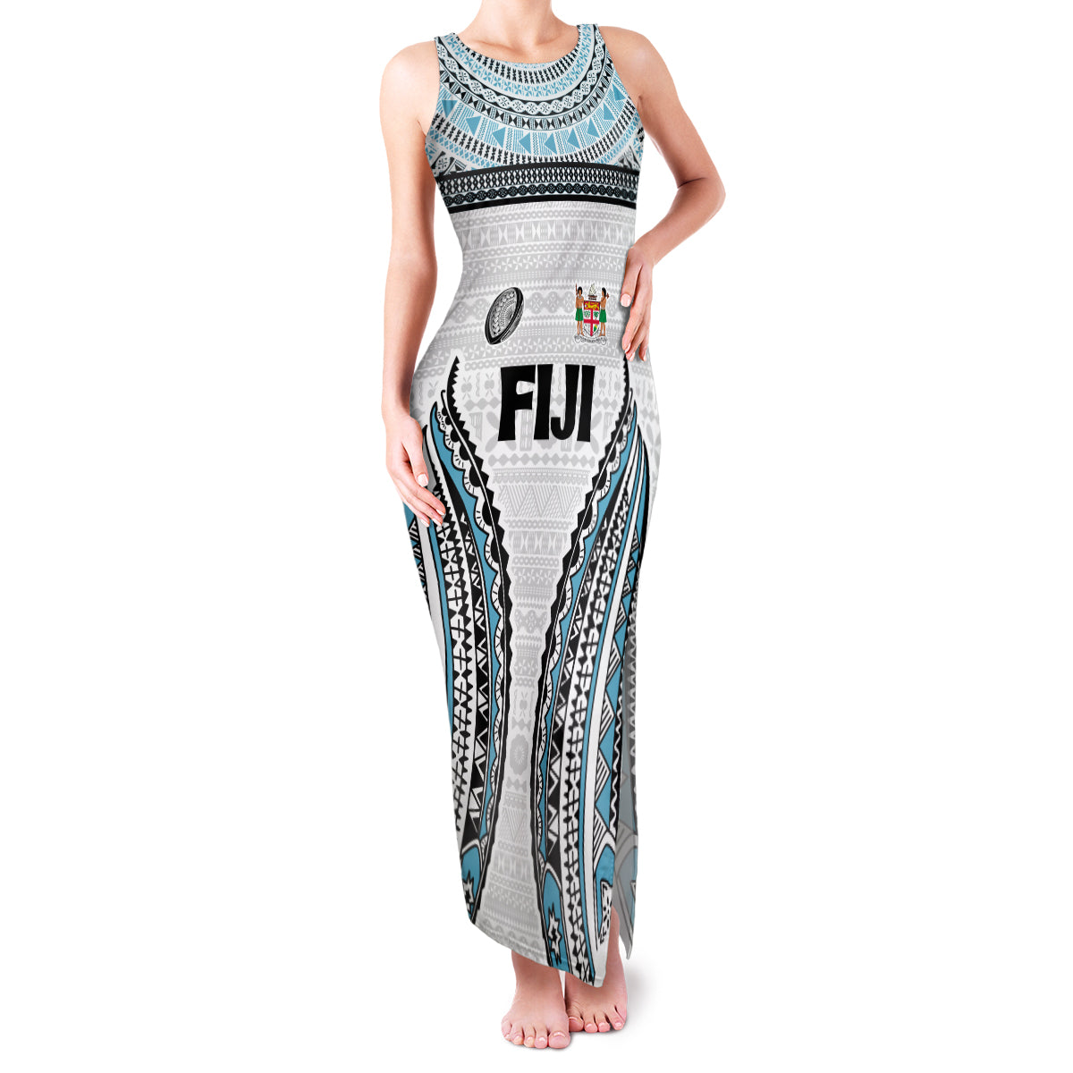 Custom Flying Fijians Rugby Family Matching Tank Maxi Dress and Hawaiian Shirt Tapa Tribal Cloth LT03 Mom's Dress White - Polynesian Pride