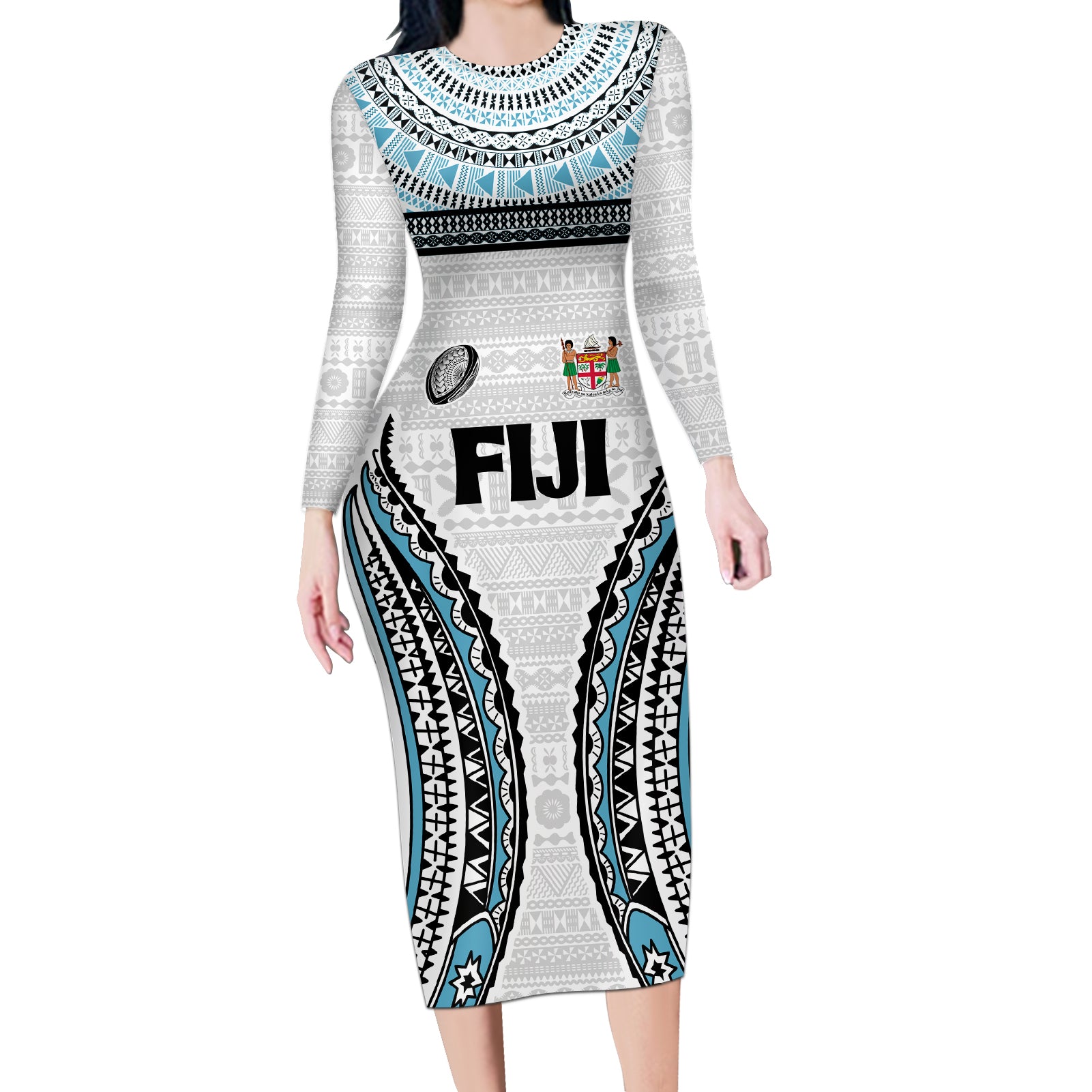 Custom Flying Fijians Rugby Long Sleeve Bodycon Dress Tapa Tribal Cloth LT03 Long Dress White - Polynesian Pride