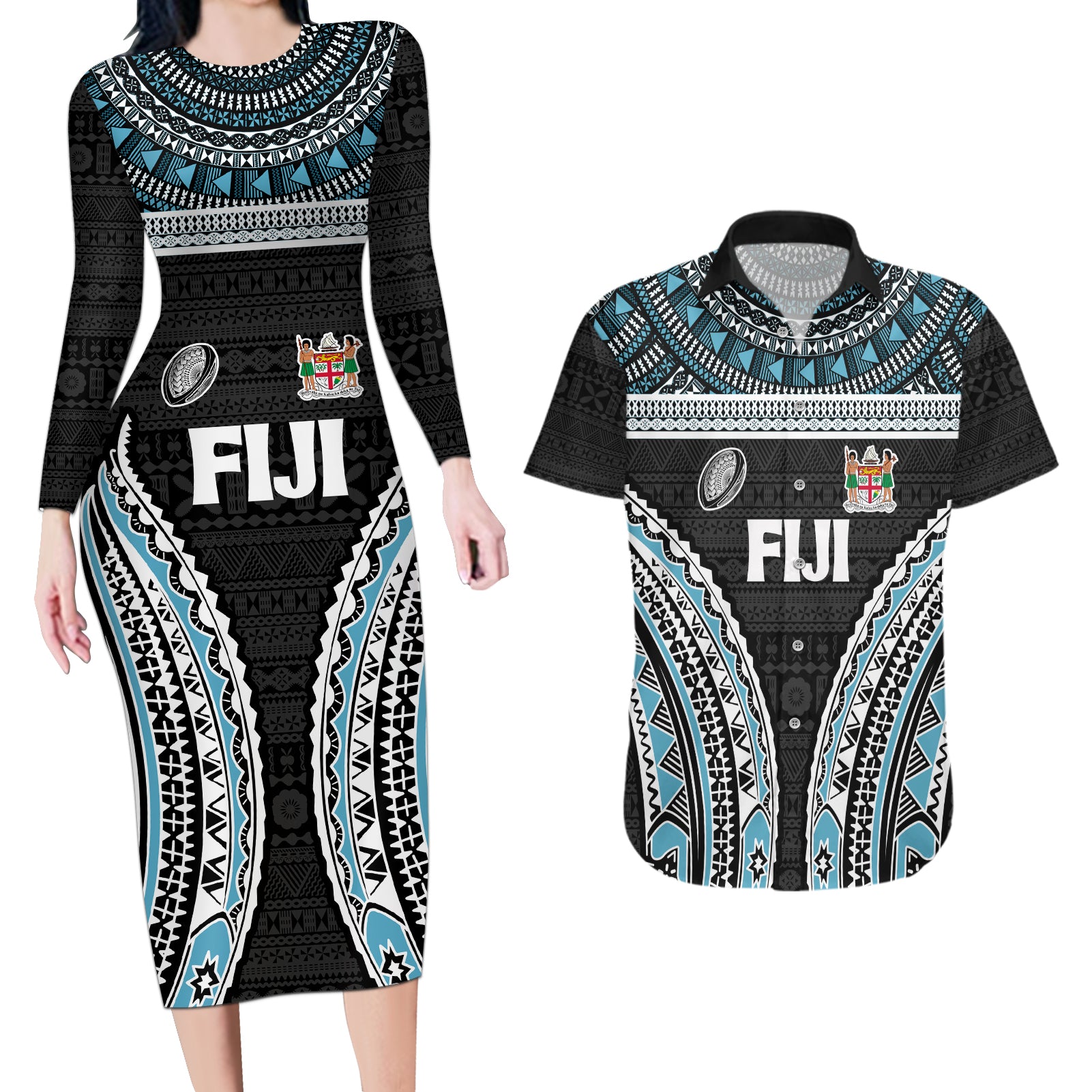 Custom Flying Fijians Rugby Couples Matching Long Sleeve Bodycon Dress and Hawaiian Shirt Tapa Tribal Cloth Black Color LT03 Black - Polynesian Pride