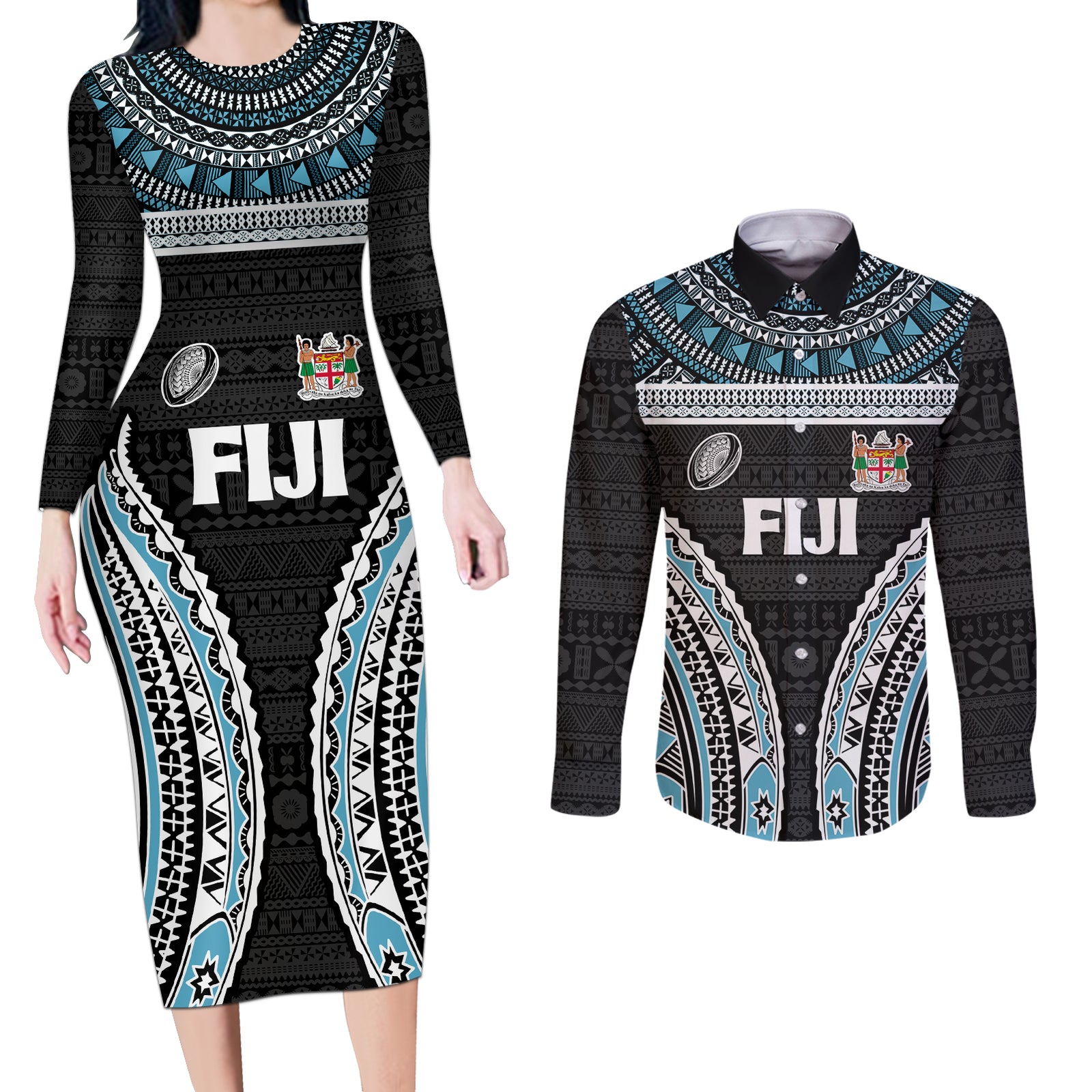 Custom Flying Fijians Rugby Couples Matching Long Sleeve Bodycon Dress and Long Sleeve Button Shirt Tapa Tribal Cloth Black Color LT03 Black - Polynesian Pride