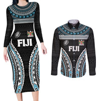 Custom Flying Fijians Rugby Couples Matching Long Sleeve Bodycon Dress and Long Sleeve Button Shirt Tapa Tribal Cloth Black Color LT03 Black - Polynesian Pride