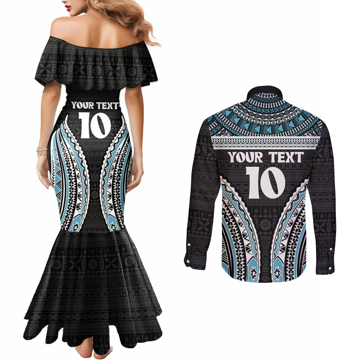 Custom Flying Fijians Rugby Couples Matching Mermaid Dress and Long Sleeve Button Shirt Tapa Tribal Cloth Black Color LT03 - Polynesian Pride
