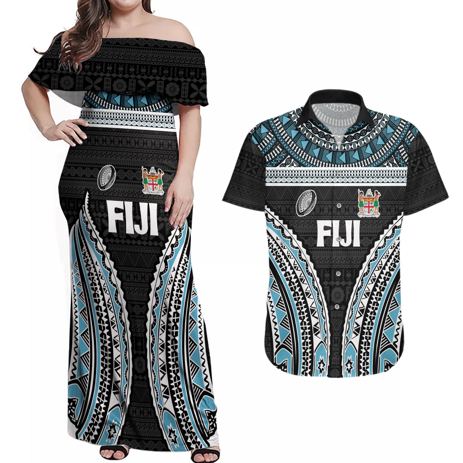 Custom Flying Fijians Rugby Couples Matching Off Shoulder Maxi Dress and Hawaiian Shirt Tapa Tribal Cloth Black Color LT03 Black - Polynesian Pride