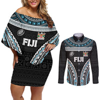 Custom Flying Fijians Rugby Couples Matching Off Shoulder Short Dress and Long Sleeve Button Shirt Tapa Tribal Cloth Black Color LT03 Black - Polynesian Pride