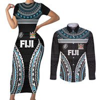 Custom Flying Fijians Rugby Couples Matching Short Sleeve Bodycon Dress and Long Sleeve Button Shirt Tapa Tribal Cloth Black Color LT03 Black - Polynesian Pride