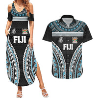 Custom Flying Fijians Rugby Couples Matching Summer Maxi Dress and Hawaiian Shirt Tapa Tribal Cloth Black Color LT03 Black - Polynesian Pride