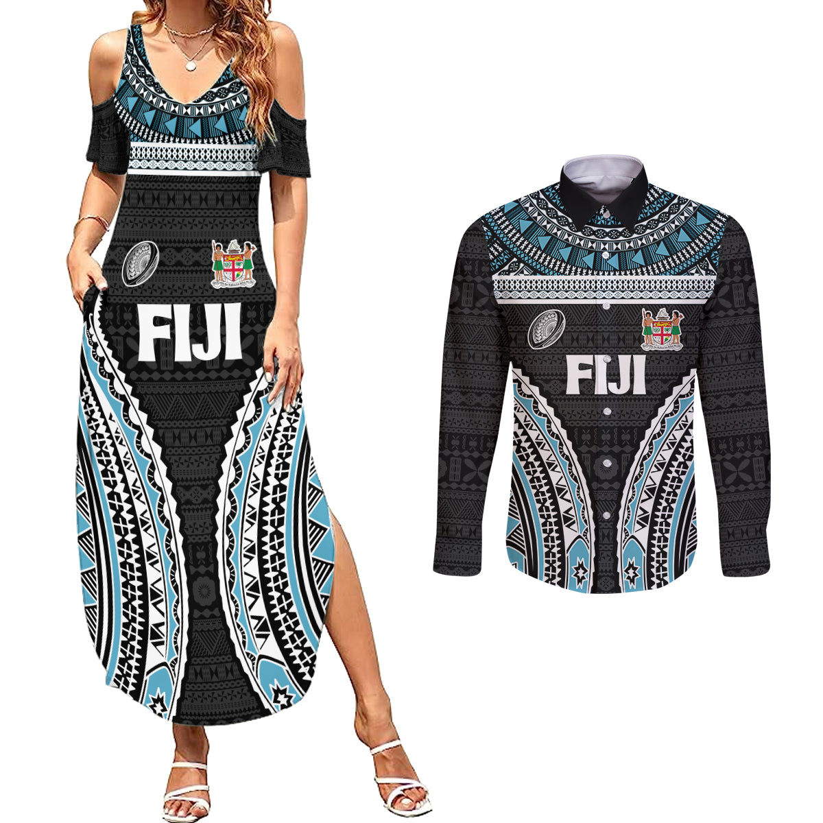 Custom Flying Fijians Rugby Couples Matching Summer Maxi Dress and Long Sleeve Button Shirt Tapa Tribal Cloth Black Color LT03 Black - Polynesian Pride