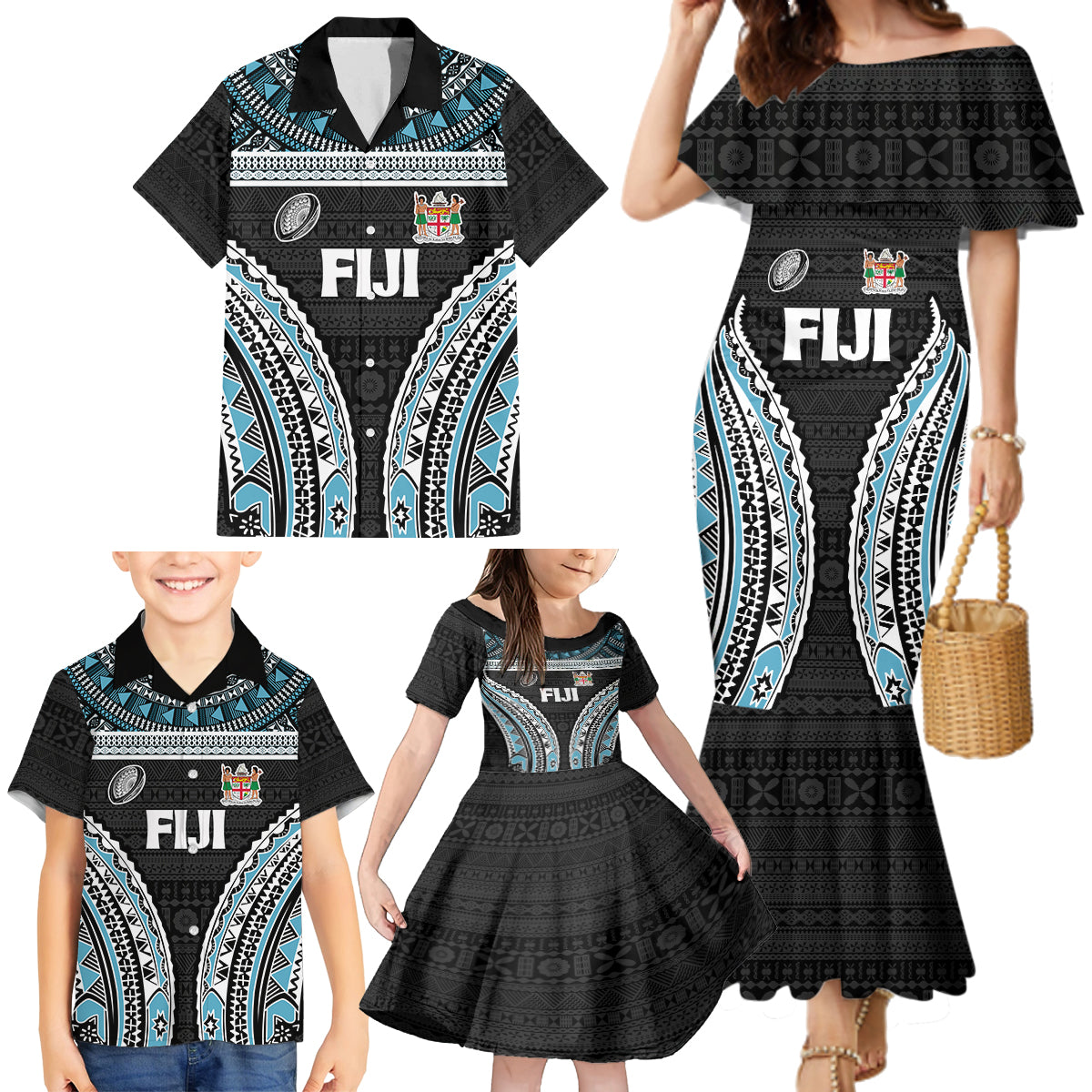 Custom Flying Fijians Rugby Family Matching Mermaid Dress and Hawaiian Shirt Tapa Tribal Cloth Black Color LT03 - Polynesian Pride