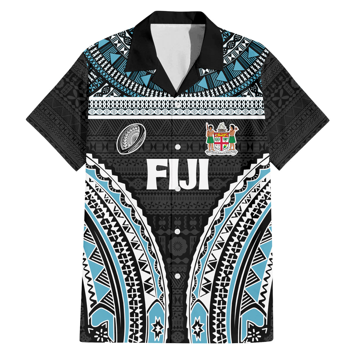 Custom Flying Fijians Rugby Family Matching Mermaid Dress and Hawaiian Shirt Tapa Tribal Cloth Black Color LT03 Dad's Shirt - Short Sleeve Black - Polynesian Pride