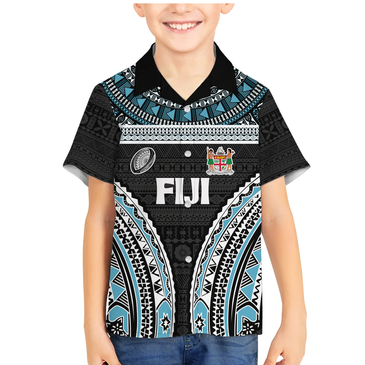 Custom Flying Fijians Rugby Family Matching Mermaid Dress and Hawaiian Shirt Tapa Tribal Cloth Black Color LT03 Son's Shirt Black - Polynesian Pride